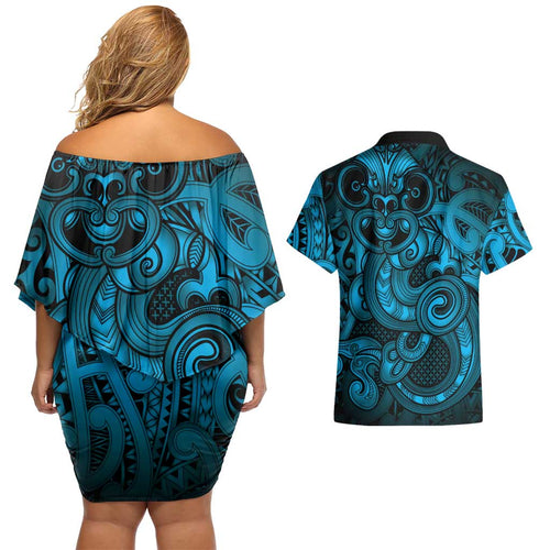 Aotearoa Maori Hei Tiki Couples Matching Off Shoulder Short Dress and Hawaiian Shirt Kikorangi Kowhaiwhai Puhoro Motif