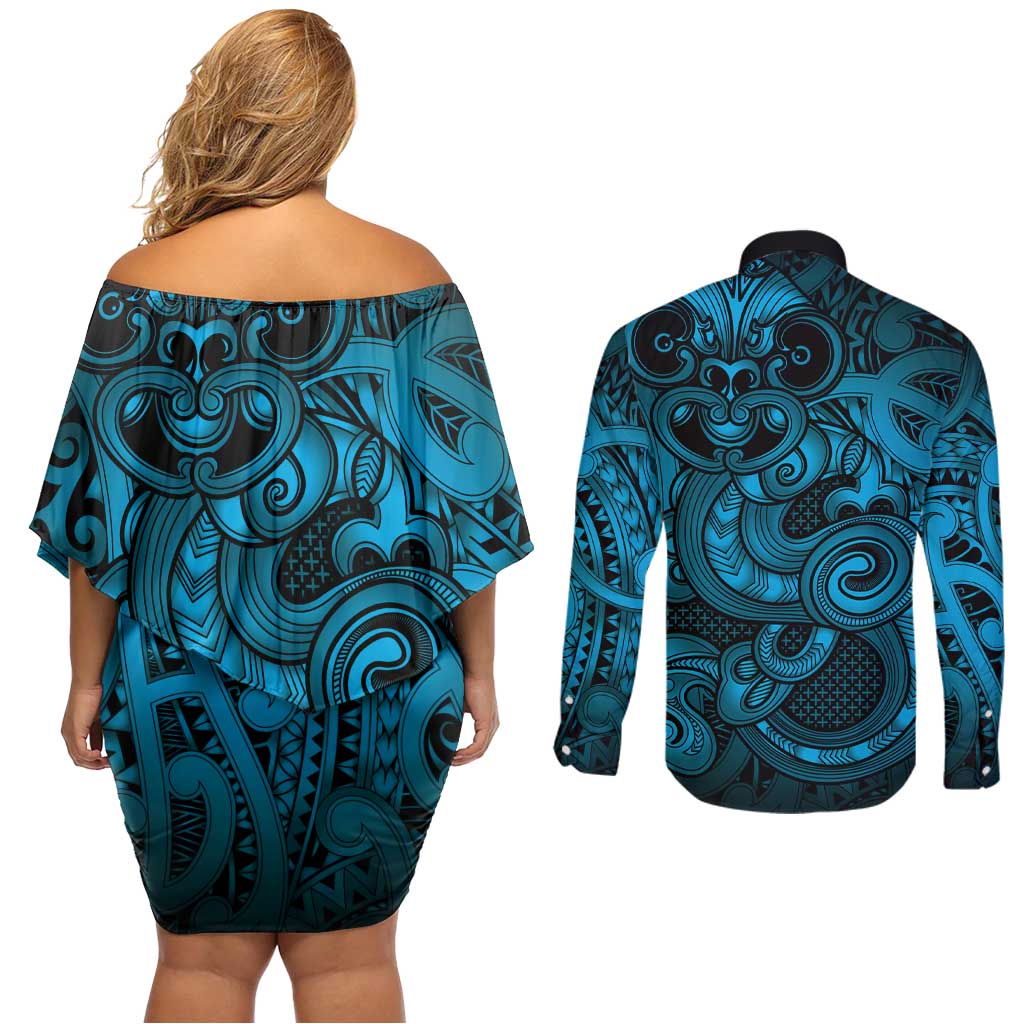 Aotearoa Maori Hei Tiki Couples Matching Off Shoulder Short Dress and Long Sleeve Button Shirt Kikorangi Kowhaiwhai Puhoro Motif
