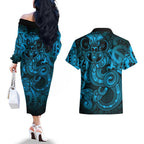 Aotearoa Maori Hei Tiki Couples Matching Off The Shoulder Long Sleeve Dress and Hawaiian Shirt Kikorangi Kowhaiwhai Puhoro Motif