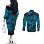Aotearoa Maori Hei Tiki Couples Matching Off The Shoulder Long Sleeve Dress and Long Sleeve Button Shirt Kikorangi Kowhaiwhai Puhoro Motif