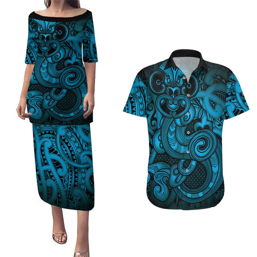 Aotearoa Maori Hei Tiki Couples Matching Puletasi and Hawaiian Shirt Kikorangi Kowhaiwhai Puhoro Motif