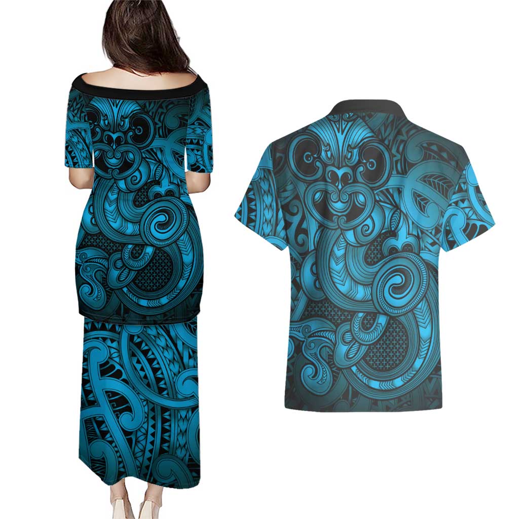 Aotearoa Maori Hei Tiki Couples Matching Puletasi and Hawaiian Shirt Kikorangi Kowhaiwhai Puhoro Motif