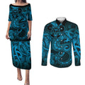 Aotearoa Maori Hei Tiki Couples Matching Puletasi and Long Sleeve Button Shirt Kikorangi Kowhaiwhai Puhoro Motif