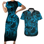 Aotearoa Maori Hei Tiki Couples Matching Short Sleeve Bodycon Dress and Hawaiian Shirt Kikorangi Kowhaiwhai Puhoro Motif