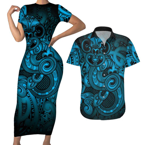 Aotearoa Maori Hei Tiki Couples Matching Short Sleeve Bodycon Dress and Hawaiian Shirt Kikorangi Kowhaiwhai Puhoro Motif