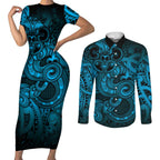 Aotearoa Maori Hei Tiki Couples Matching Short Sleeve Bodycon Dress and Long Sleeve Button Shirt Kikorangi Kowhaiwhai Puhoro Motif