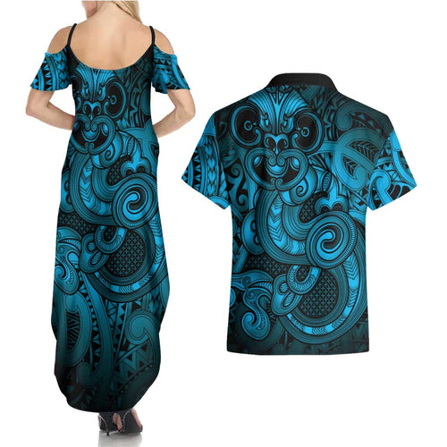 Aotearoa Maori Hei Tiki Couples Matching Summer Maxi Dress and Hawaiian Shirt Kikorangi Kowhaiwhai Puhoro Motif