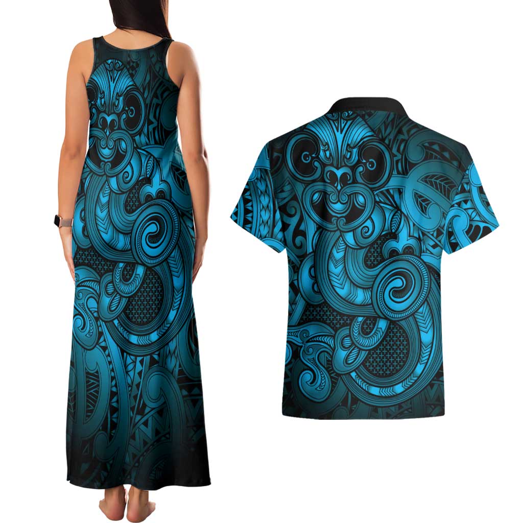 Aotearoa Maori Hei Tiki Couples Matching Tank Maxi Dress and Hawaiian Shirt Kikorangi Kowhaiwhai Puhoro Motif
