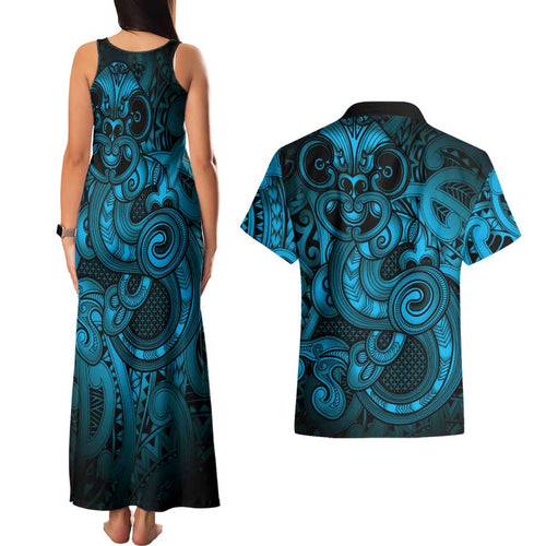 Aotearoa Maori Hei Tiki Couples Matching Tank Maxi Dress and Hawaiian Shirt Kikorangi Kowhaiwhai Puhoro Motif