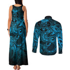 Aotearoa Maori Hei Tiki Couples Matching Tank Maxi Dress and Long Sleeve Button Shirt Kikorangi Kowhaiwhai Puhoro Motif