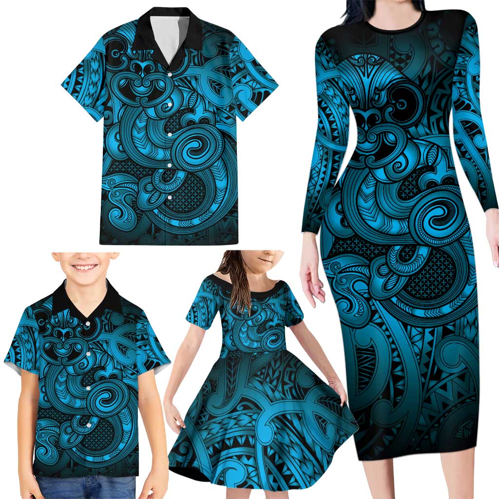 Aotearoa Maori Hei Tiki Family Matching Long Sleeve Bodycon Dress and Hawaiian Shirt Kikorangi Kowhaiwhai Puhoro Motif