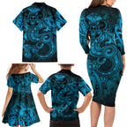 Aotearoa Maori Hei Tiki Family Matching Long Sleeve Bodycon Dress and Hawaiian Shirt Kikorangi Kowhaiwhai Puhoro Motif
