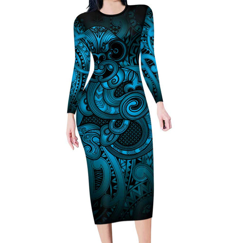 Aotearoa Maori Hei Tiki Family Matching Long Sleeve Bodycon Dress and Hawaiian Shirt Kikorangi Kowhaiwhai Puhoro Motif