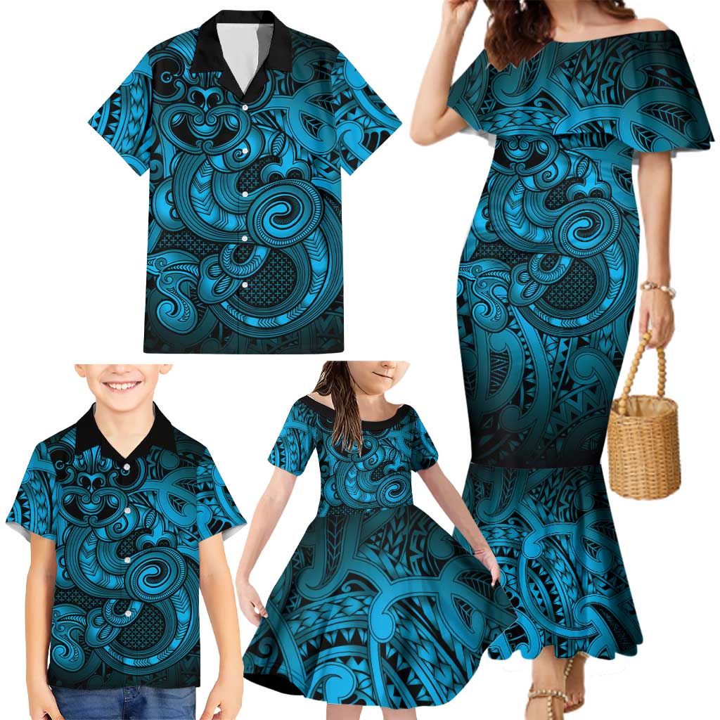 Aotearoa Maori Hei Tiki Family Matching Mermaid Dress and Hawaiian Shirt Kikorangi Kowhaiwhai Puhoro Motif
