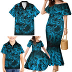 Aotearoa Maori Hei Tiki Family Matching Mermaid Dress and Hawaiian Shirt Kikorangi Kowhaiwhai Puhoro Motif