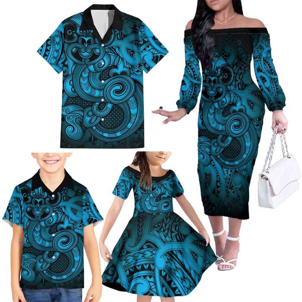 Aotearoa Maori Hei Tiki Family Matching Off The Shoulder Long Sleeve Dress and Hawaiian Shirt Kikorangi Kowhaiwhai Puhoro Motif