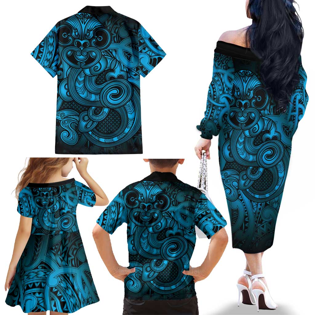 Aotearoa Maori Hei Tiki Family Matching Off The Shoulder Long Sleeve Dress and Hawaiian Shirt Kikorangi Kowhaiwhai Puhoro Motif