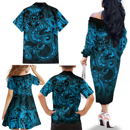 Aotearoa Maori Hei Tiki Family Matching Off The Shoulder Long Sleeve Dress and Hawaiian Shirt Kikorangi Kowhaiwhai Puhoro Motif