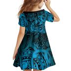Aotearoa Maori Hei Tiki Family Matching Off Shoulder Short Dress and Hawaiian Shirt Kikorangi Kowhaiwhai Puhoro Motif