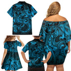 Aotearoa Maori Hei Tiki Family Matching Off Shoulder Short Dress and Hawaiian Shirt Kikorangi Kowhaiwhai Puhoro Motif