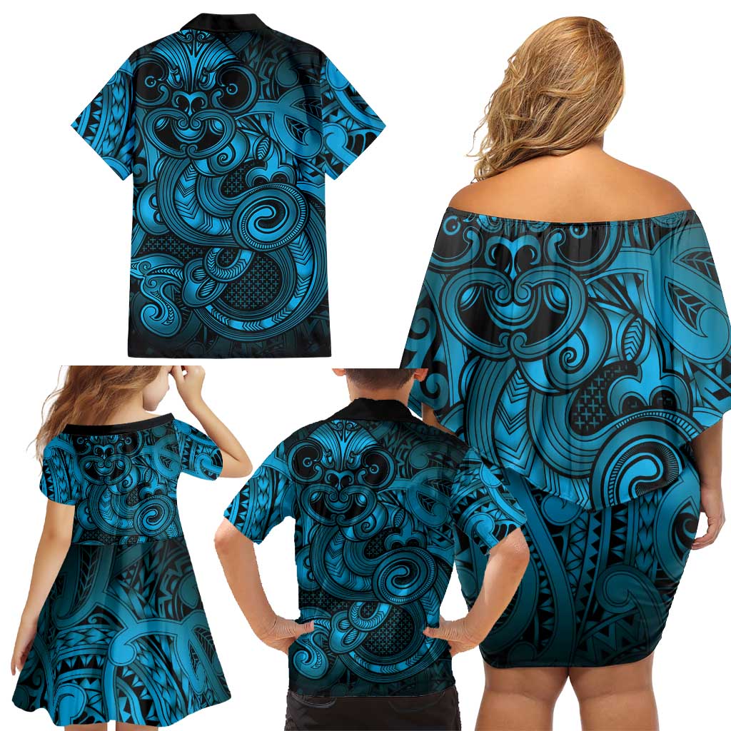 Aotearoa Maori Hei Tiki Family Matching Off Shoulder Short Dress and Hawaiian Shirt Kikorangi Kowhaiwhai Puhoro Motif