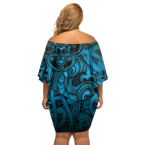 Aotearoa Maori Hei Tiki Family Matching Off Shoulder Short Dress and Hawaiian Shirt Kikorangi Kowhaiwhai Puhoro Motif