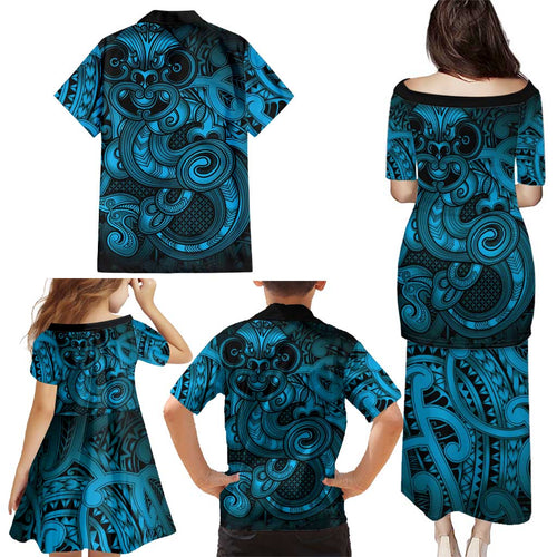 Aotearoa Maori Hei Tiki Family Matching Puletasi and Hawaiian Shirt Kikorangi Kowhaiwhai Puhoro Motif