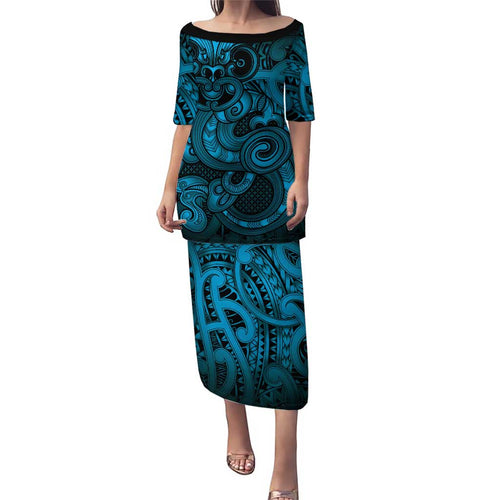 Aotearoa Maori Hei Tiki Family Matching Puletasi and Hawaiian Shirt Kikorangi Kowhaiwhai Puhoro Motif