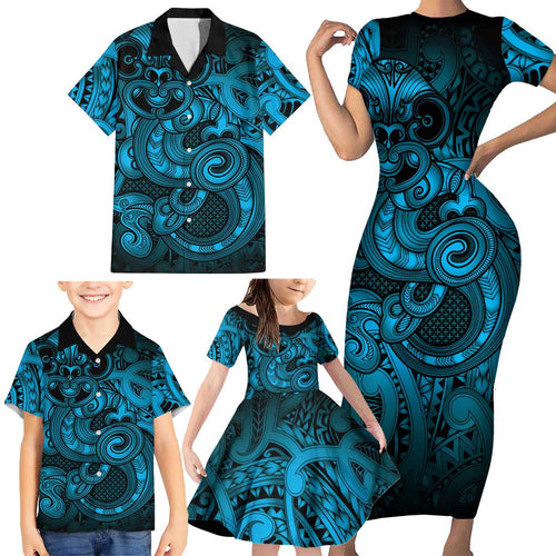 Aotearoa Maori Hei Tiki Family Matching Short Sleeve Bodycon Dress and Hawaiian Shirt Kikorangi Kowhaiwhai Puhoro Motif