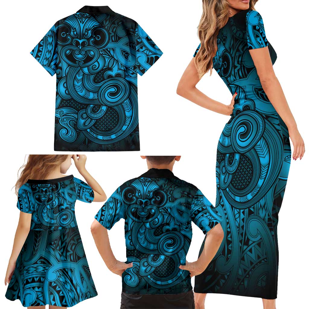 Aotearoa Maori Hei Tiki Family Matching Short Sleeve Bodycon Dress and Hawaiian Shirt Kikorangi Kowhaiwhai Puhoro Motif