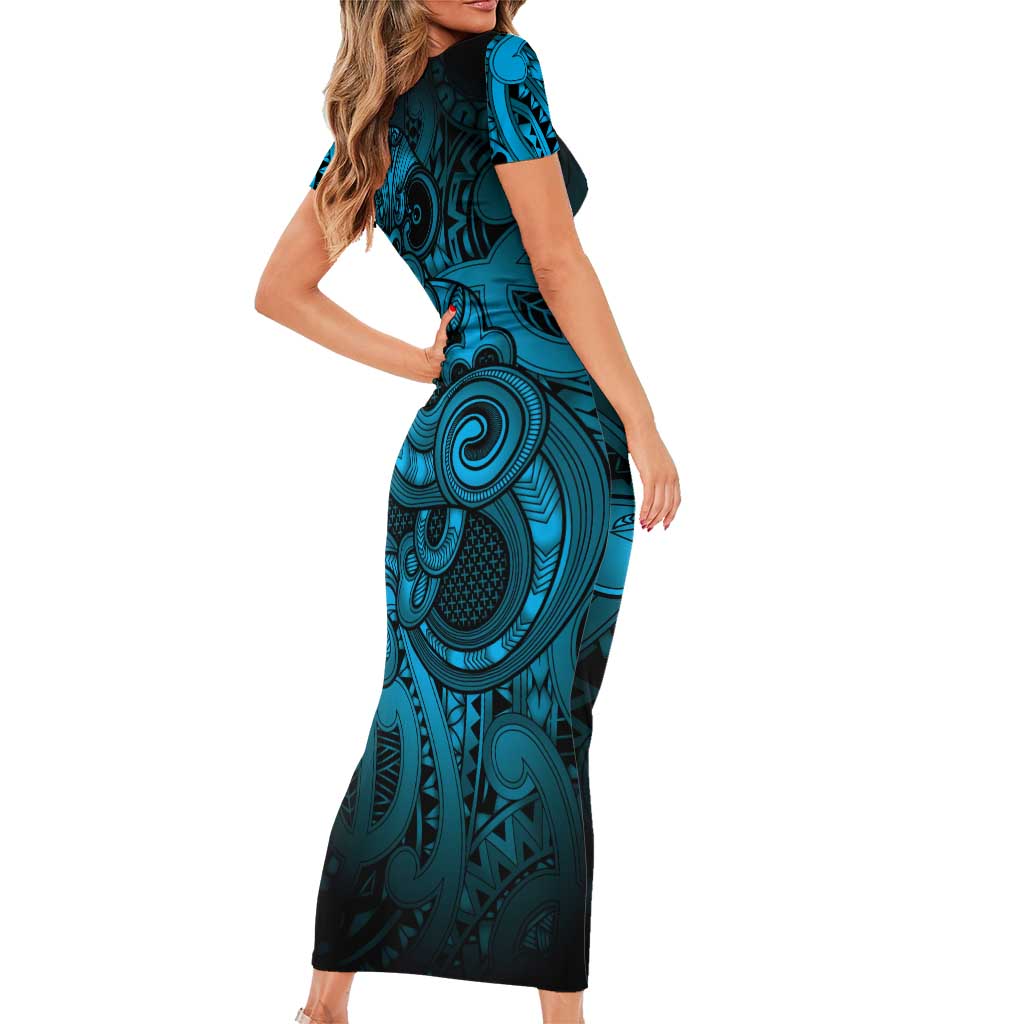 Aotearoa Maori Hei Tiki Family Matching Short Sleeve Bodycon Dress and Hawaiian Shirt Kikorangi Kowhaiwhai Puhoro Motif