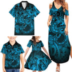Aotearoa Maori Hei Tiki Family Matching Summer Maxi Dress and Hawaiian Shirt Kikorangi Kowhaiwhai Puhoro Motif