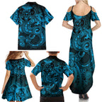 Aotearoa Maori Hei Tiki Family Matching Summer Maxi Dress and Hawaiian Shirt Kikorangi Kowhaiwhai Puhoro Motif