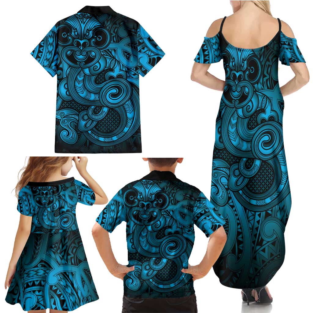 Aotearoa Maori Hei Tiki Family Matching Summer Maxi Dress and Hawaiian Shirt Kikorangi Kowhaiwhai Puhoro Motif
