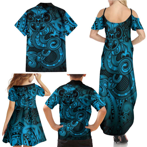 Aotearoa Maori Hei Tiki Family Matching Summer Maxi Dress and Hawaiian Shirt Kikorangi Kowhaiwhai Puhoro Motif