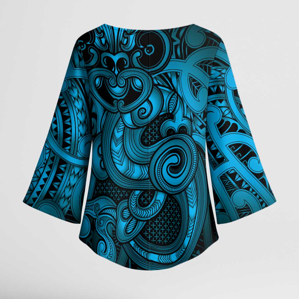 Aotearoa Maori Hei Tiki Kimono Sleeve Blouse Kikorangi Kowhaiwhai Puhoro Motif