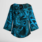 Aotearoa Maori Hei Tiki Kimono Sleeve Blouse Kikorangi Kowhaiwhai Puhoro Motif