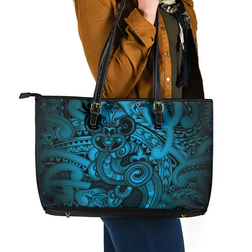 Aotearoa Maori Hei Tiki Leather Tote Bag Kikorangi Kowhaiwhai Puhoro Motif