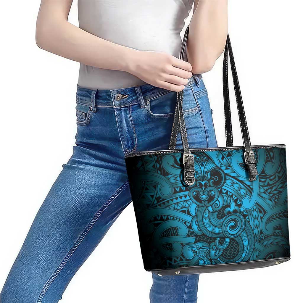 Aotearoa Maori Hei Tiki Leather Tote Bag Kikorangi Kowhaiwhai Puhoro Motif