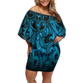 Aotearoa Maori Hei Tiki Off Shoulder Short Dress Kikorangi Kowhaiwhai Puhoro Motif