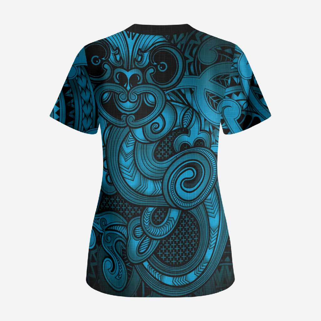 Aotearoa Maori Hei Tiki Scrub Top Kikorangi Kowhaiwhai Puhoro Motif