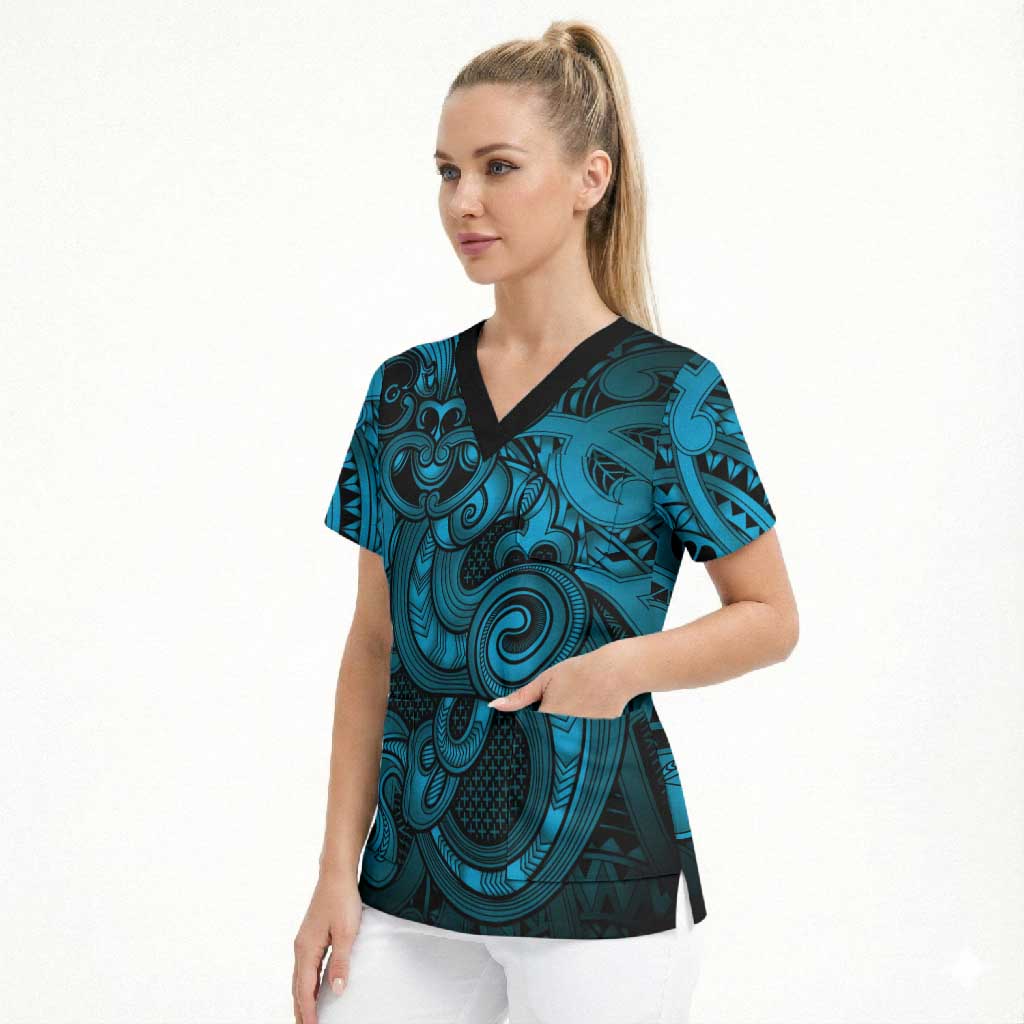 Aotearoa Maori Hei Tiki Scrub Top Kikorangi Kowhaiwhai Puhoro Motif
