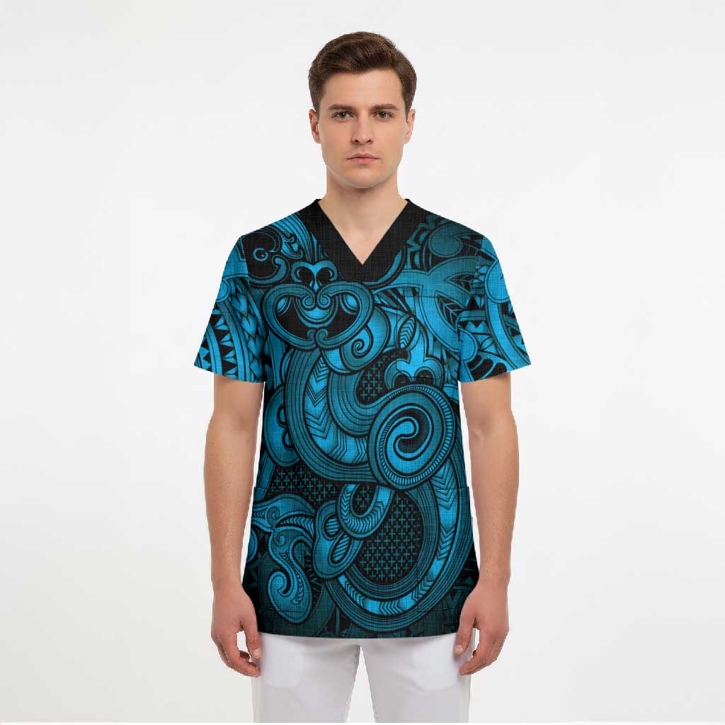 Aotearoa Maori Hei Tiki Scrub Top Kikorangi Kowhaiwhai Puhoro Motif