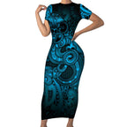 Aotearoa Maori Hei Tiki Short Sleeve Bodycon Dress Kikorangi Kowhaiwhai Puhoro Motif