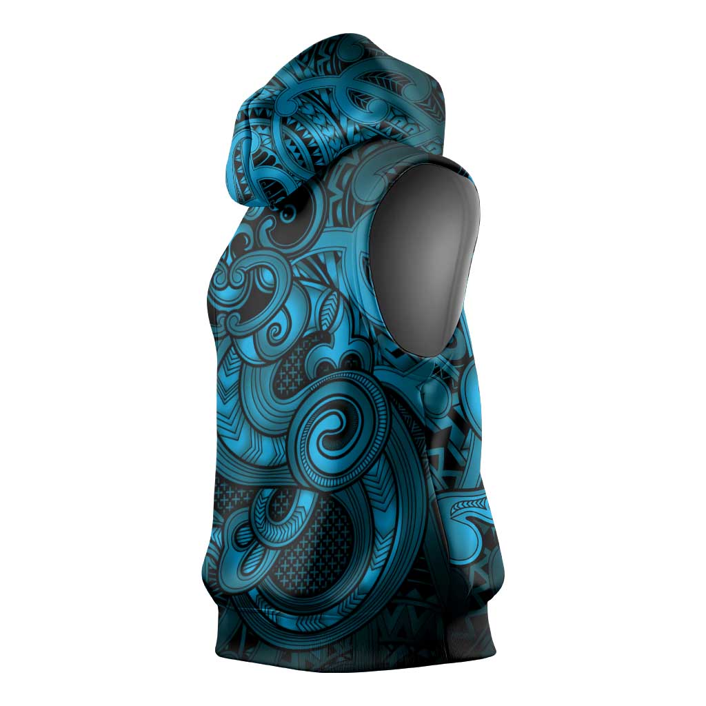 Aotearoa Maori Hei Tiki Sleeveless Hoodie Kikorangi Kowhaiwhai Puhoro Motif