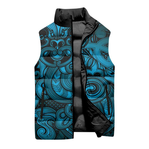 Aotearoa Maori Hei Tiki Sleeveless Puffer Jacket Kikorangi Kowhaiwhai Puhoro Motif