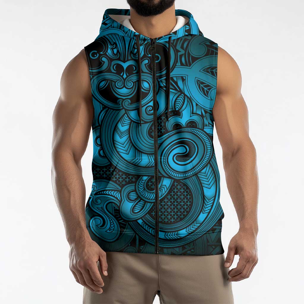 Aotearoa Maori Hei Tiki Sleeveless Zip Hoodie Kikorangi Kowhaiwhai Puhoro Motif