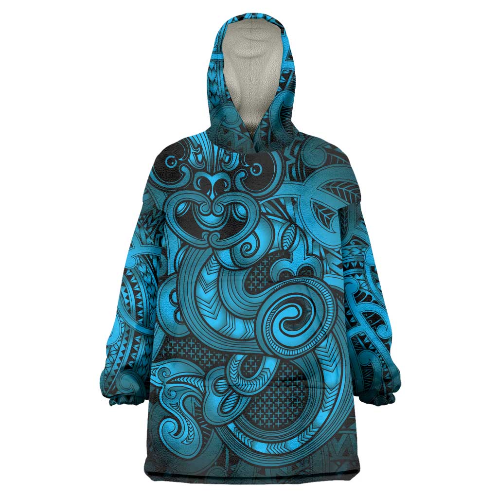 Aotearoa Maori Hei Tiki Wearable Blanket Hoodie Kikorangi Kowhaiwhai Puhoro Motif