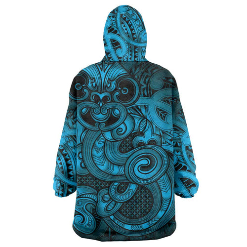 Aotearoa Maori Hei Tiki Wearable Blanket Hoodie Kikorangi Kowhaiwhai Puhoro Motif
