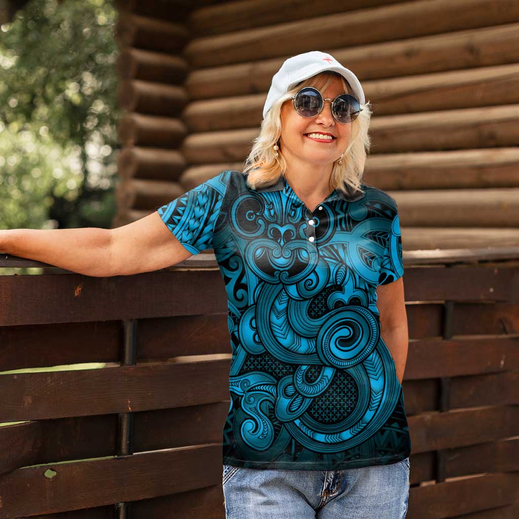 Aotearoa Maori Hei Tiki Women Polo Shirt Kikorangi Kowhaiwhai Puhoro Motif